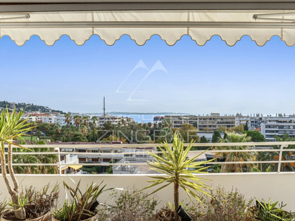 Vue depuis une terrasse d'un appartement à Cannes, avec des plantes et une vue sur la mer.