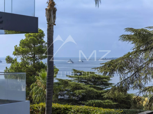 View from a contemporary apartment with sea and boats in the background, Cannes, California.
