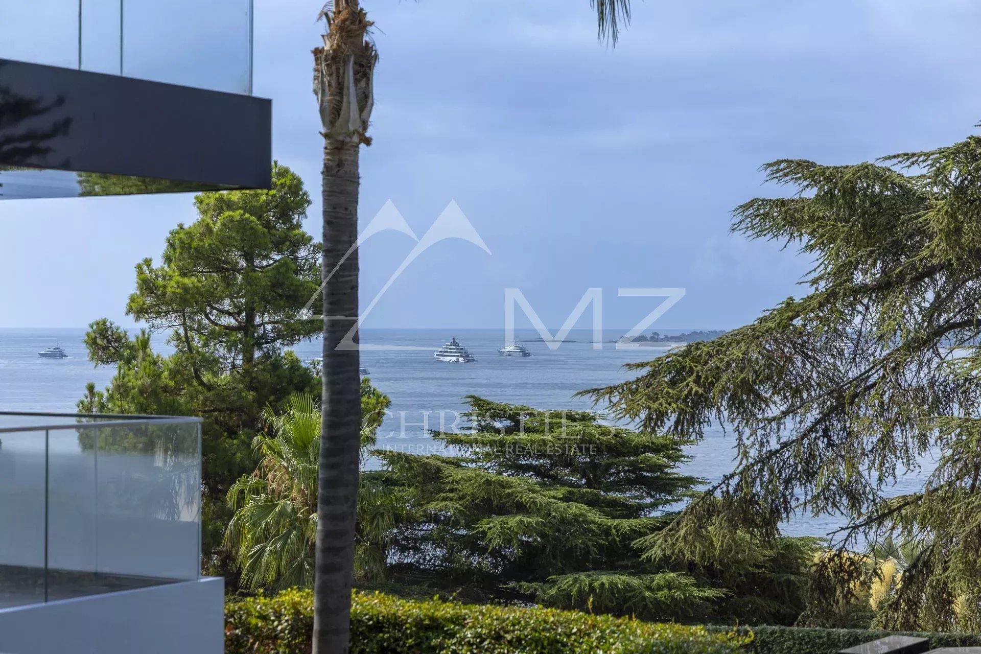 View from a contemporary apartment with sea and boats in the background, Cannes, California.