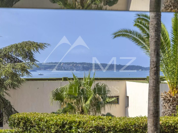 View from a contemporary apartment with palm trees and the sea in the background in Cannes.
