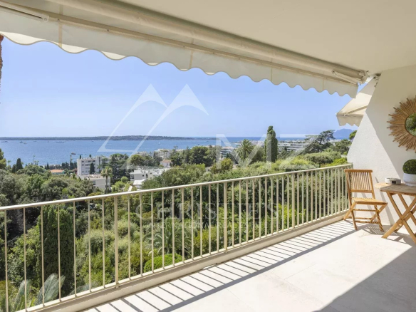 Terrasse d'un appartement à Cannes avec vue panoramique sur la mer et le parc environnant.