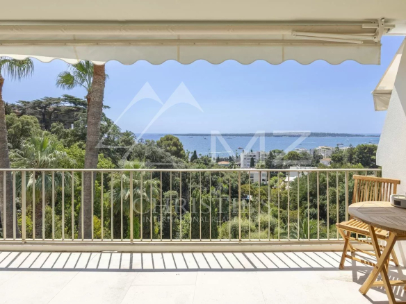 Terrasse d'un appartement à Cannes avec vue panoramique sur la mer et le parc environnant.
