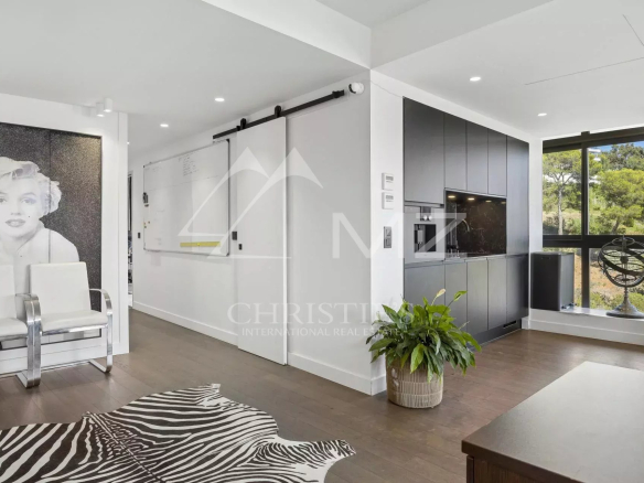 Interior of a contemporary apartment in Cannes with open kitchen and bright living room.