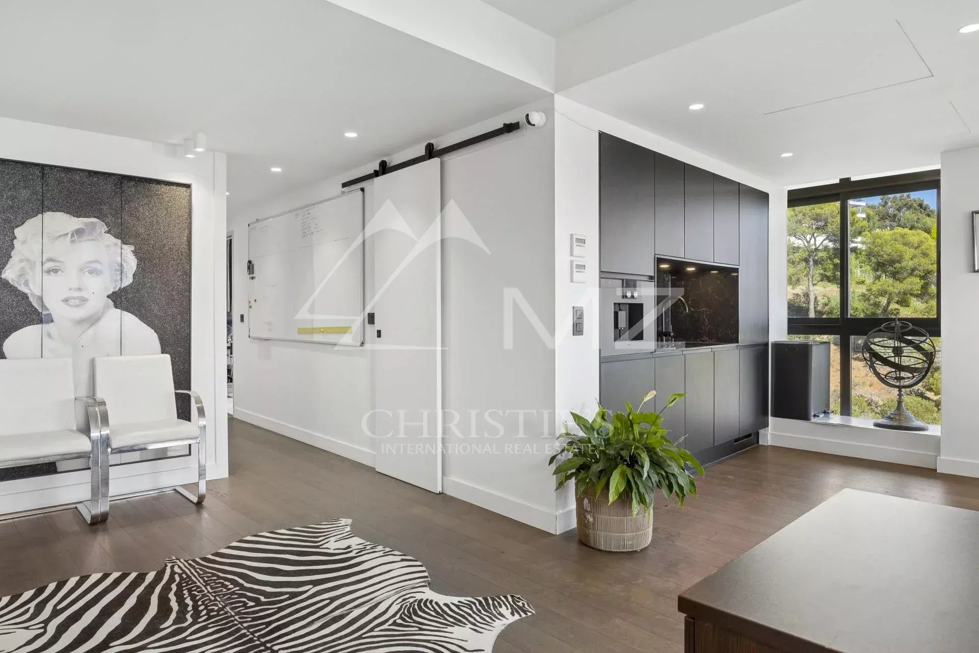 Interior of a contemporary apartment in Cannes with open kitchen and bright living room.