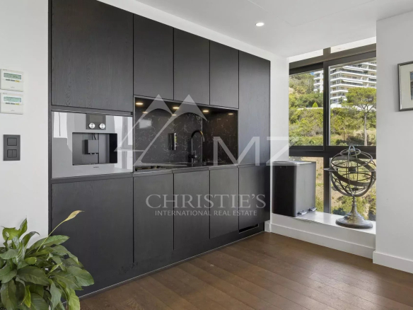 Modern and fully equipped kitchen in a contemporary apartment in Cannes with sea views.