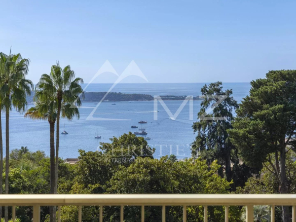 Vue sur la mer depuis un balcon avec des palmiers et des arbres, quartier Californie, Cannes.