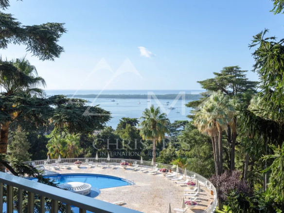 Unobstructed sea view from an apartment terrace in Cannes, with swimming pool and park below.