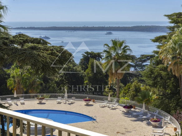 Vue dégagée sur la mer depuis une terrasse avec piscine et palmiers à Cannes.