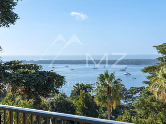 Vue dégagée sur la mer depuis une terrasse d'appartement à Cannes, entourée de verdure.