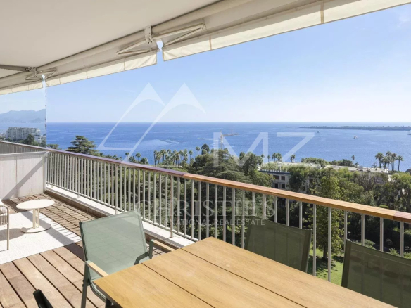 Terrasse d'un appartement contemporain avec vue sur la mer à Cannes, quartier Californie.