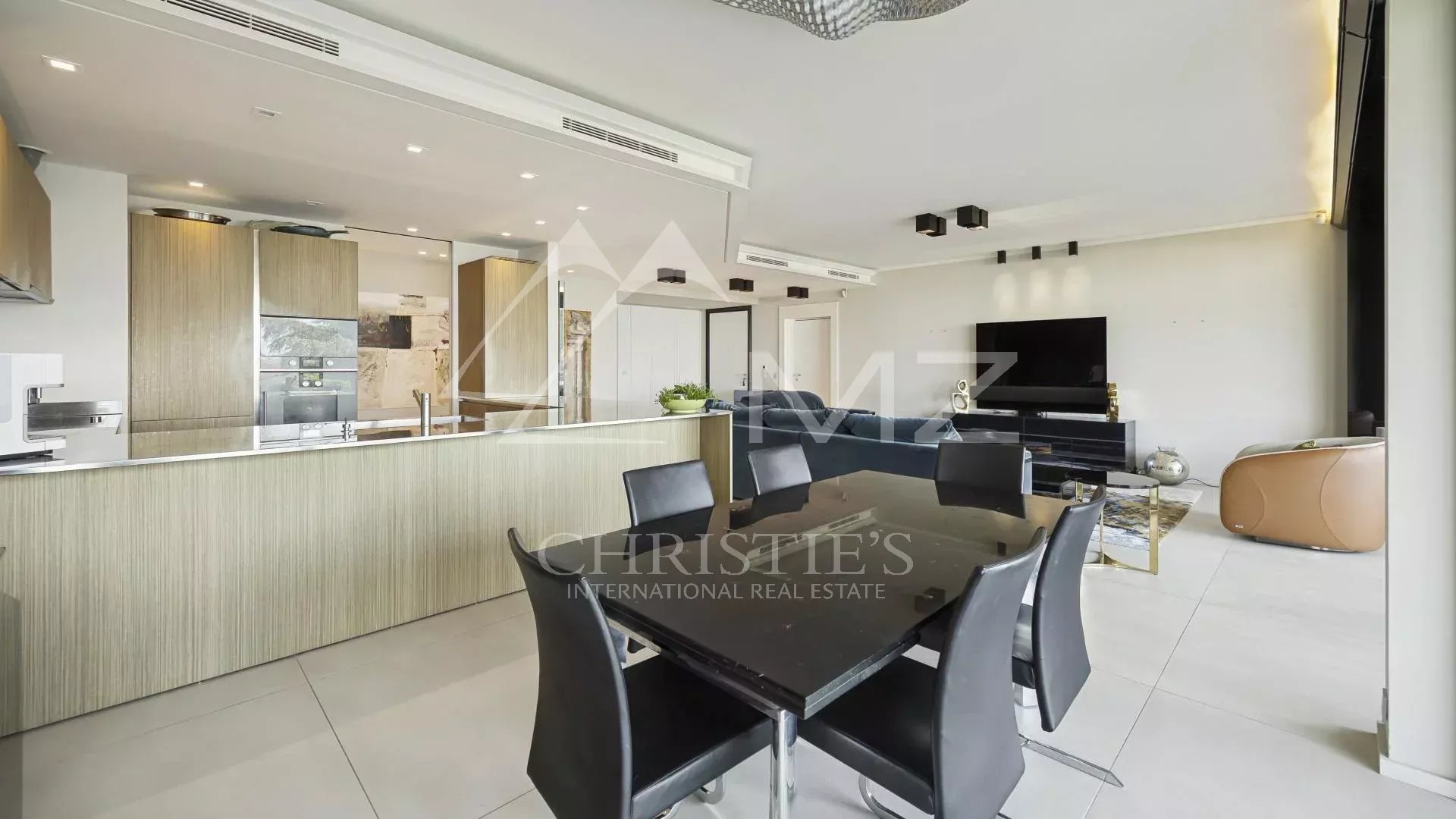 Contemporary apartment in Cannes Interior of a contemporary apartment with open kitchen and dining room, Cannes, California.