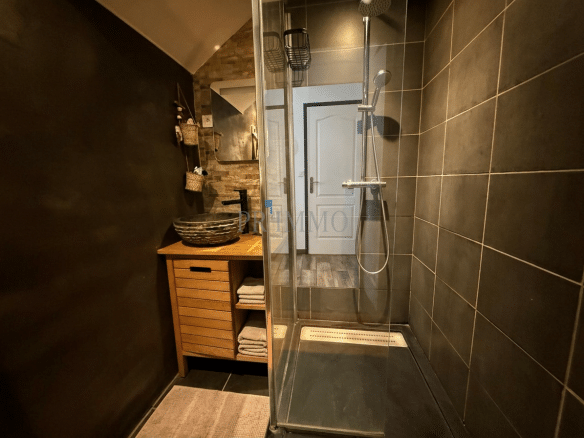 Modern bathroom with walk-in shower and wooden vanity.