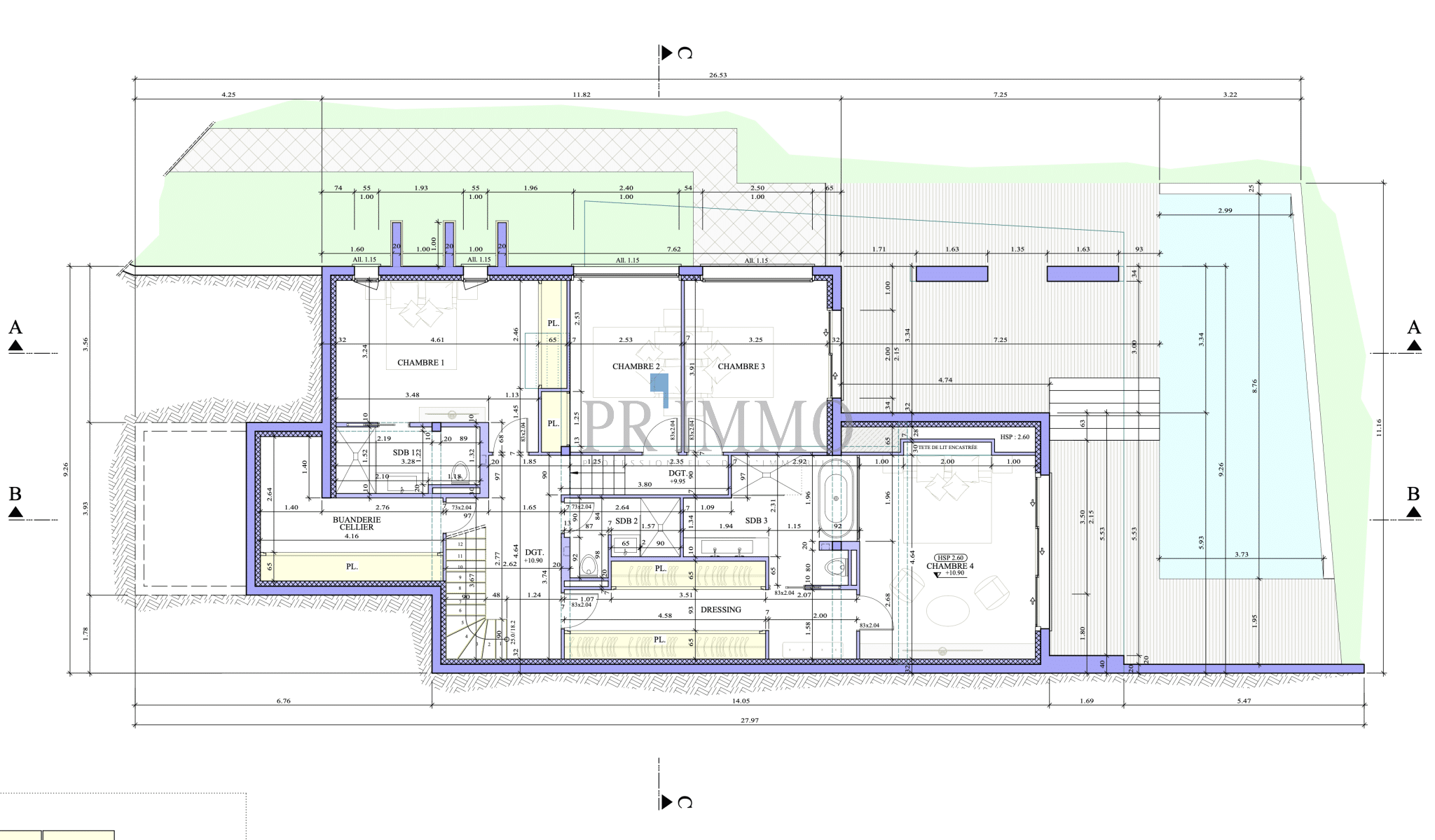 Plan de construction d'une villa contemporaine avec piscine et garage.