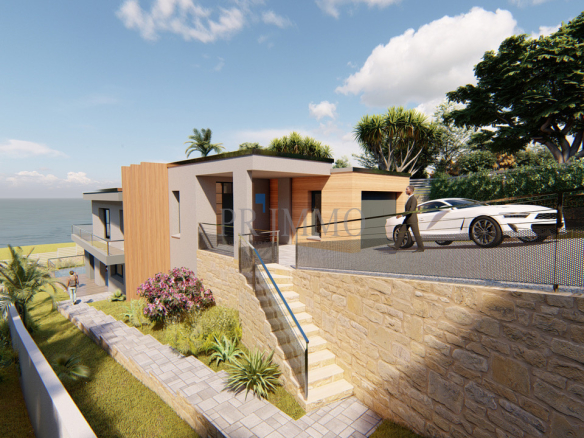 View of a building plot with a contemporary villa and swimming pool in Les Issambres.
