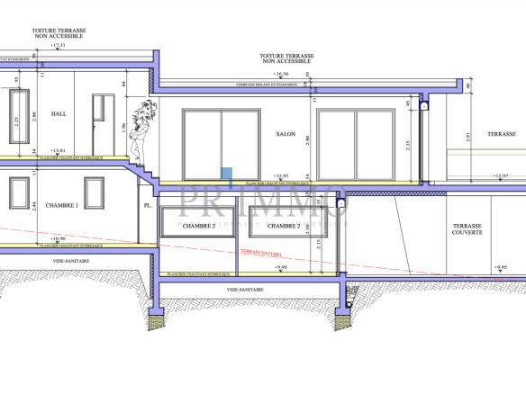 Plan de coupe d'une villa contemporaine avec piscine sur un terrain à bâtir aux Issambres.