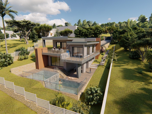Vue aérienne d'un terrain à bâtir avec projet de villa contemporaine et piscine aux Issambres.