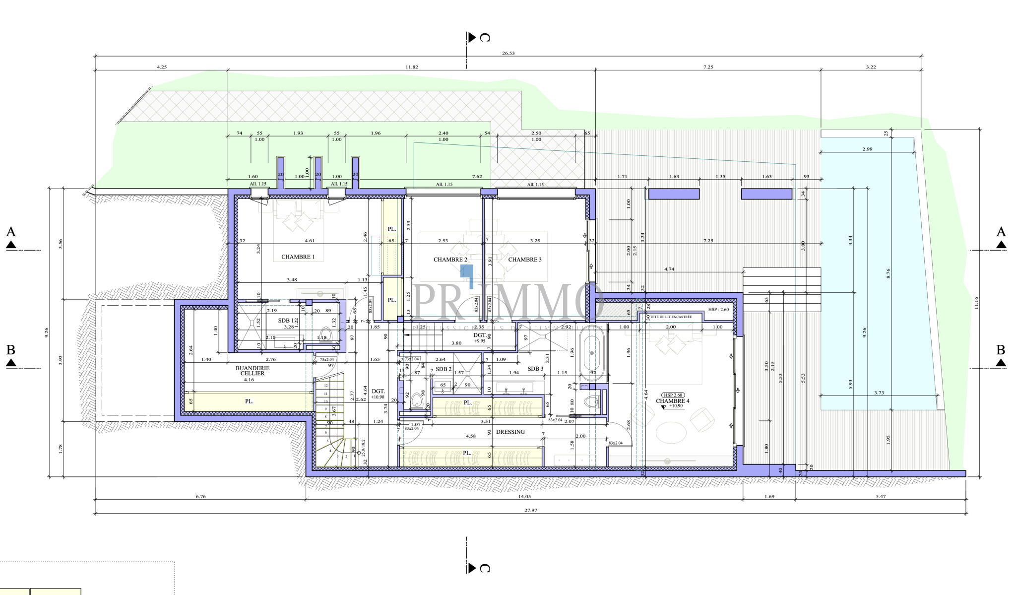 Plan de villa contemporaine aux Issambres Plan de construction d'une villa contemporaine avec piscine sur un terrain à bâtir aux Issambres.