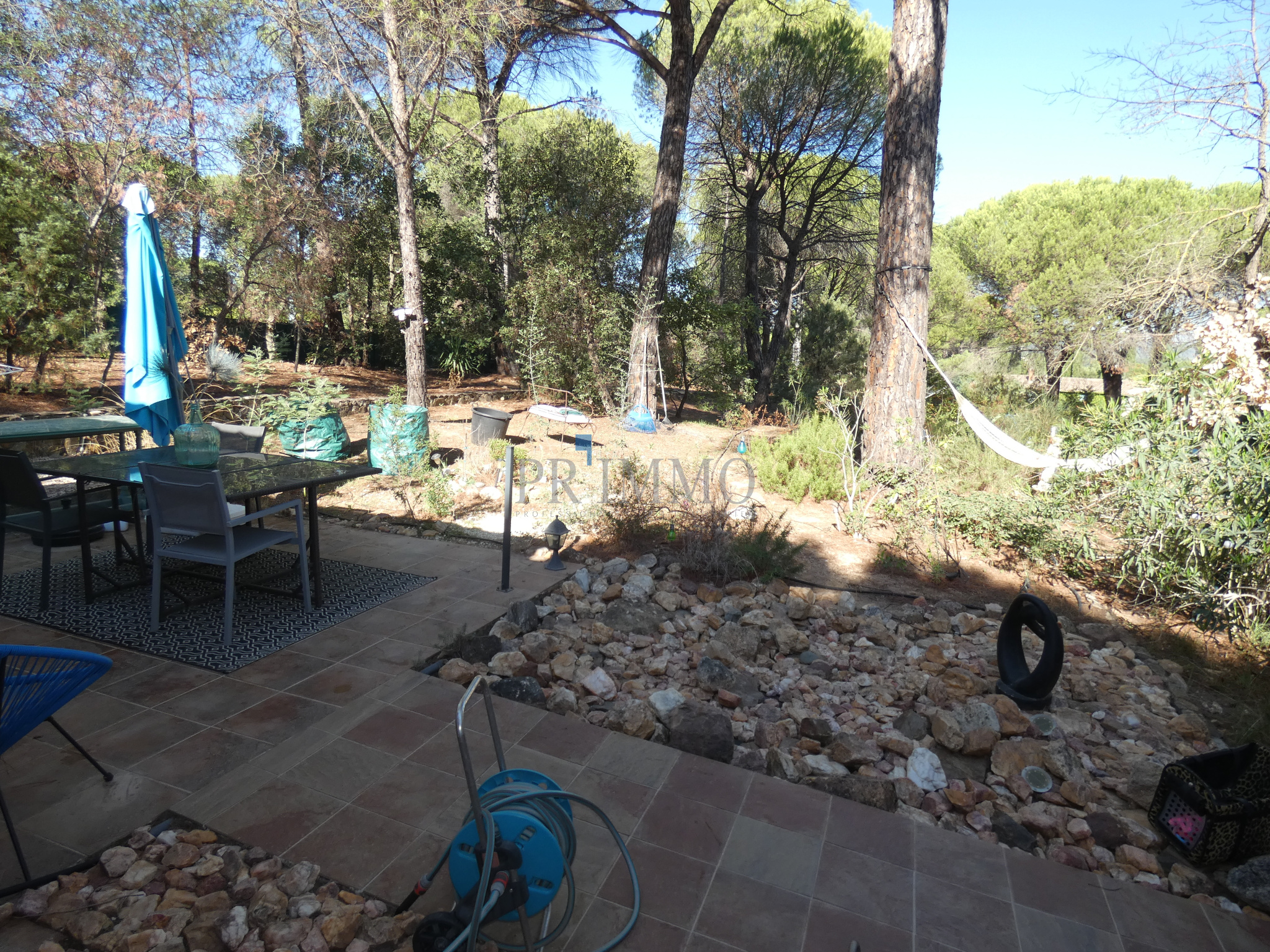 Terrasse d'une villa avec table et chaises, entourée de pins et de verdure à Vidauban.