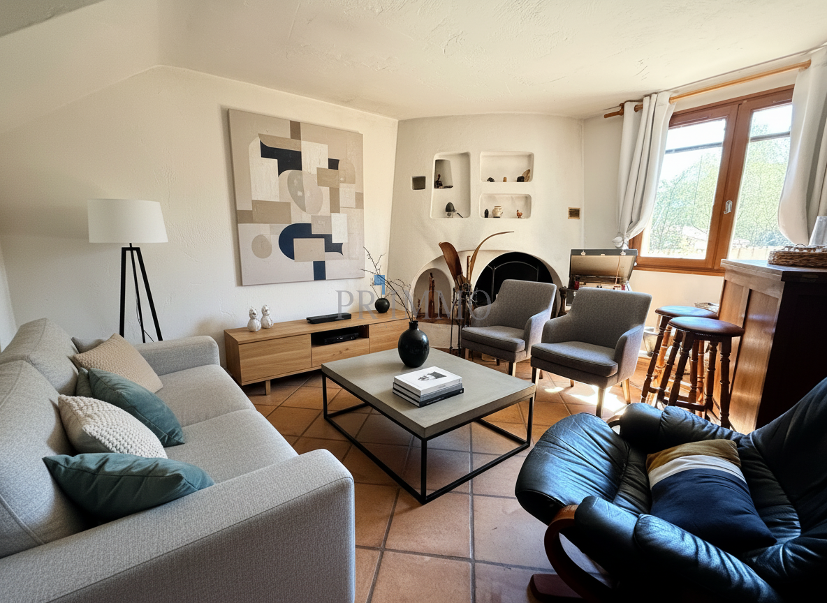 Salon d'une villa à Vidauban avec canapé, table basse et œuvres d'art au mur.