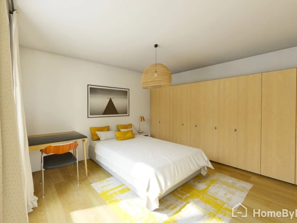 Room in a 62 m2 apartment in Paris 13th arrondissement, with double bed and wooden storage.