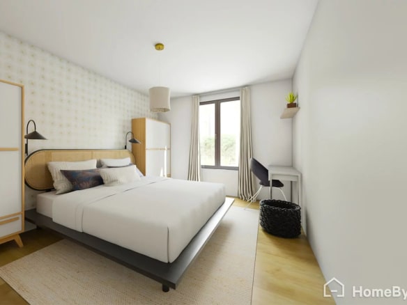 Room in a Paris apartment, with a double bed, desk and window.
