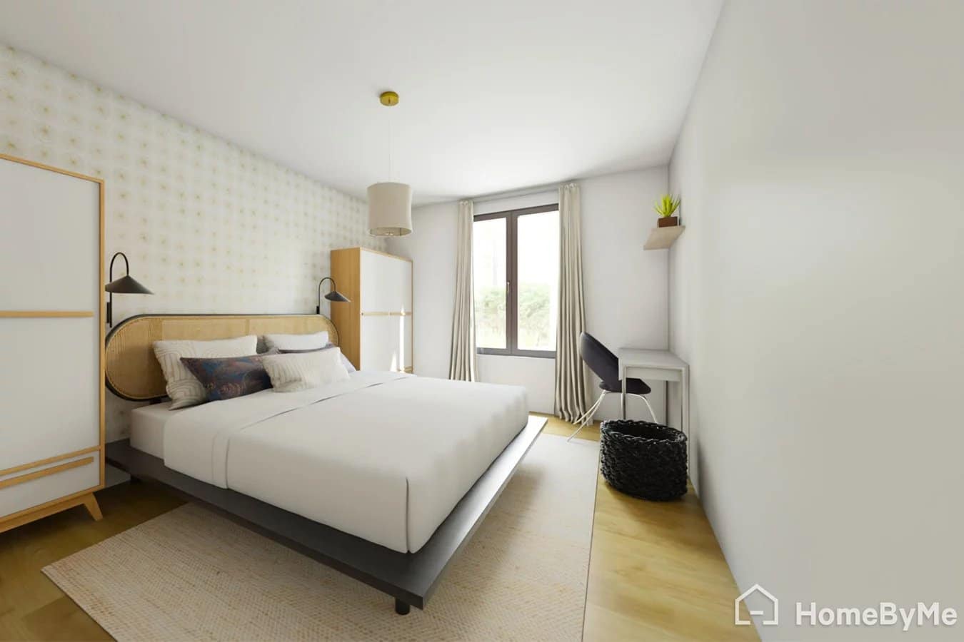 Room in a Paris apartment, with a double bed, desk and window.