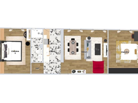 Floor plan of a 3-room apartment of 62 m2 in Paris 13th with living room, kitchen and two bedrooms.