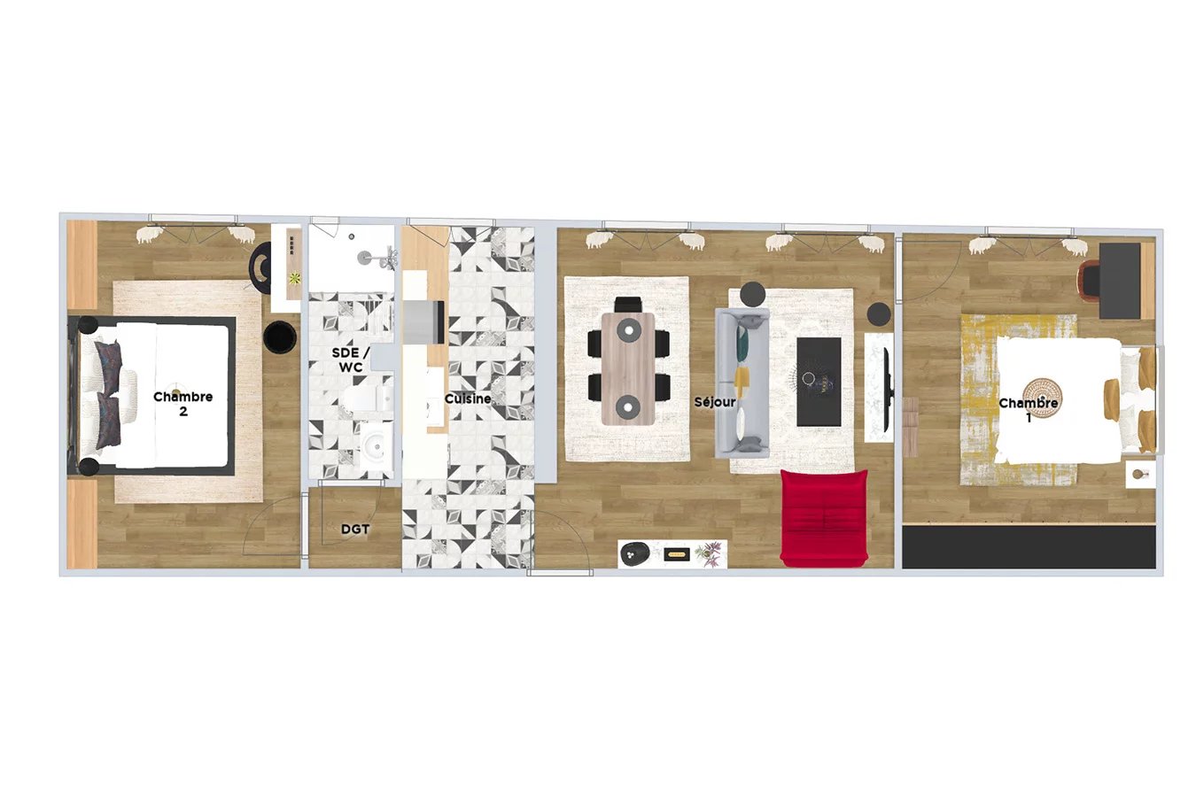 Floor plan of a 3-room apartment of 62 m2 in Paris 13th with living room, kitchen and two bedrooms.