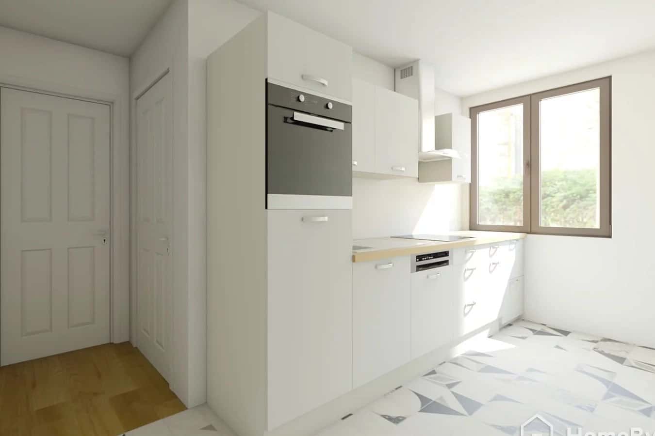 Modern and bright kitchen with windows, white furniture and tiled floor.