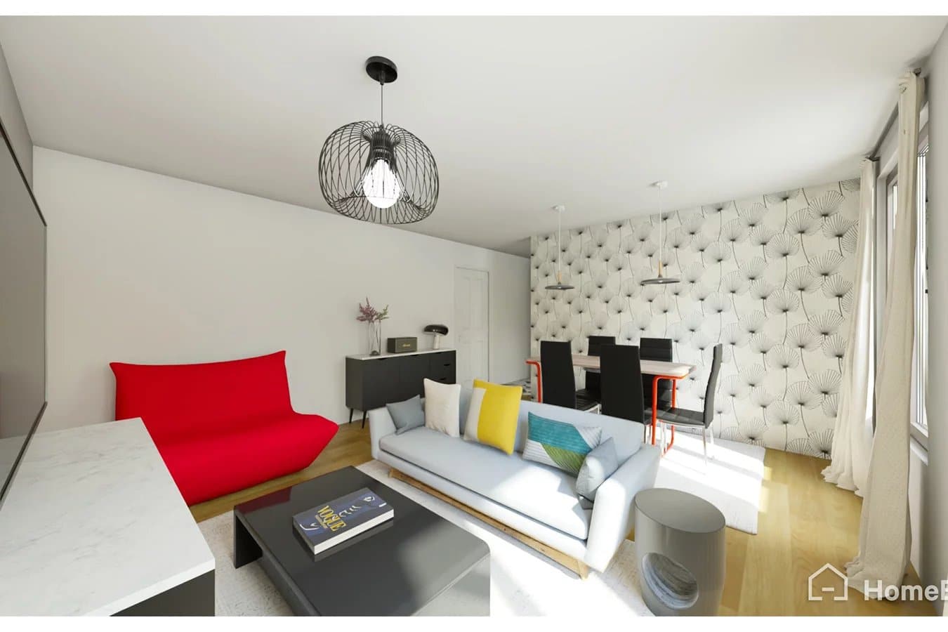 Bright living room of a 62 m2 apartment in Paris, with sofa, dining table and modern decor.
