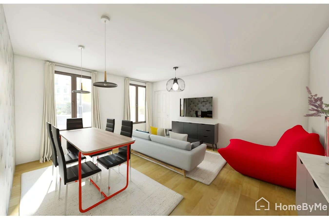 Bright living room of a 62 m2 apartment in Paris, with dining table and red sofa.