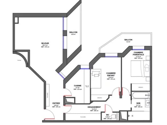 Plan d'un appartement 3 pièces de 76,77 m2 avec deux balcons à Neuilly-sur-Seine.