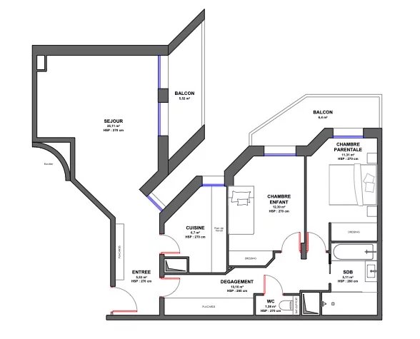 Plan d'un appartement 3 pièces de 76,77 m2 avec deux balcons à Neuilly-sur-Seine.