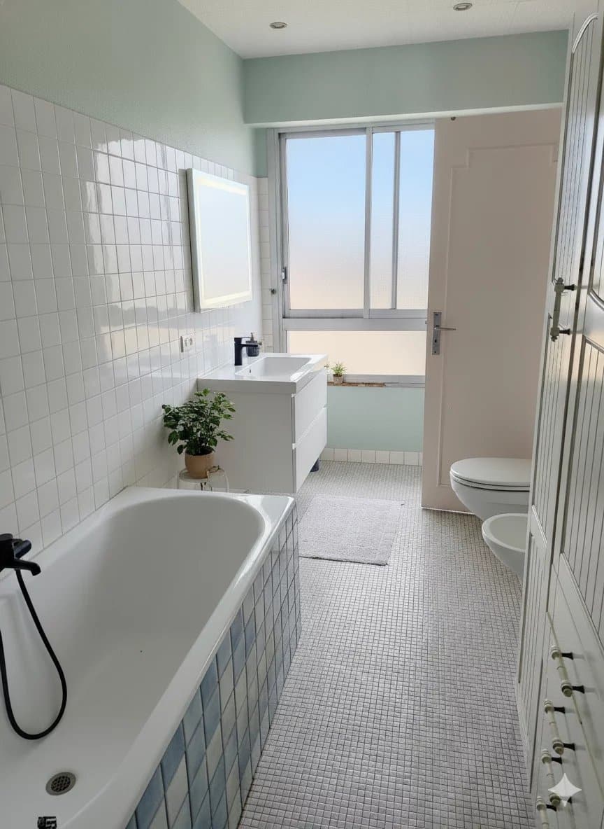 Salle de bain moderne avec baignoire et fenêtre, duplex à Courbevoie.