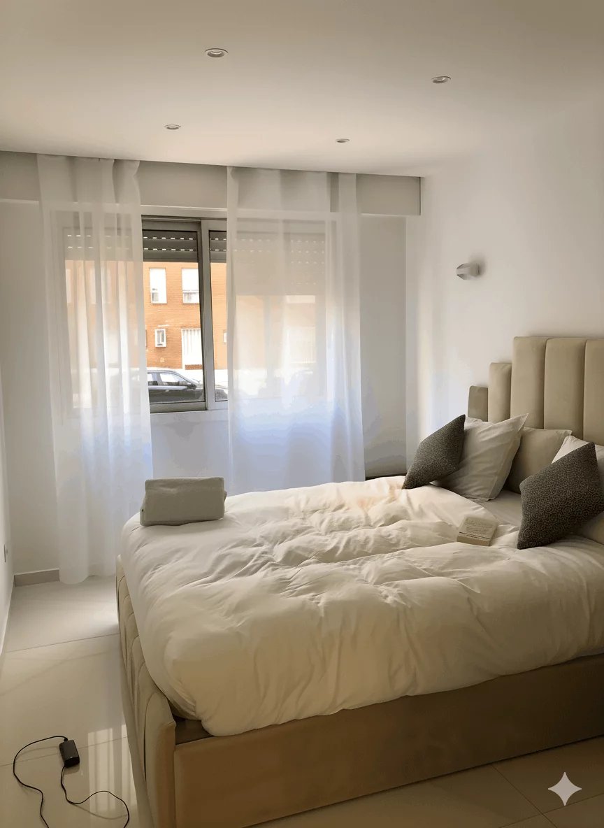 Chambre d’appartement à Courbevoie Chambre lumineuse avec lit double et fenêtre, décorée de manière moderne.
