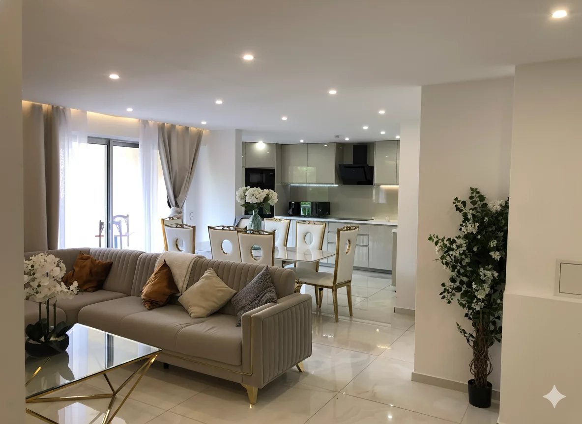 Appartement familial à Courbevoie Salon lumineux d'un appartement rénové avec cuisine ouverte et terrasse à Courbevoie.