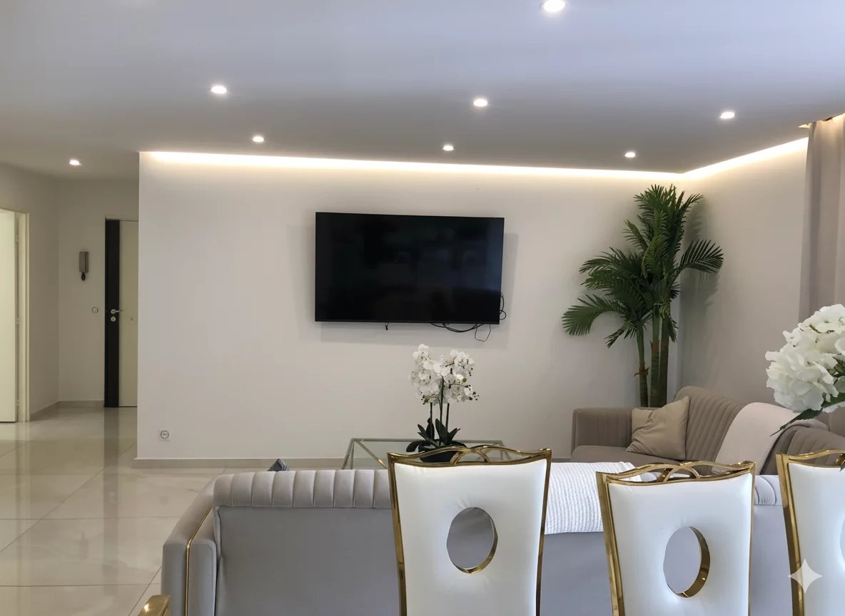 Salon d’un appartement à Courbevoie Intérieur d'un appartement moderne avec salon lumineux, télévision murale et décoration élégante.