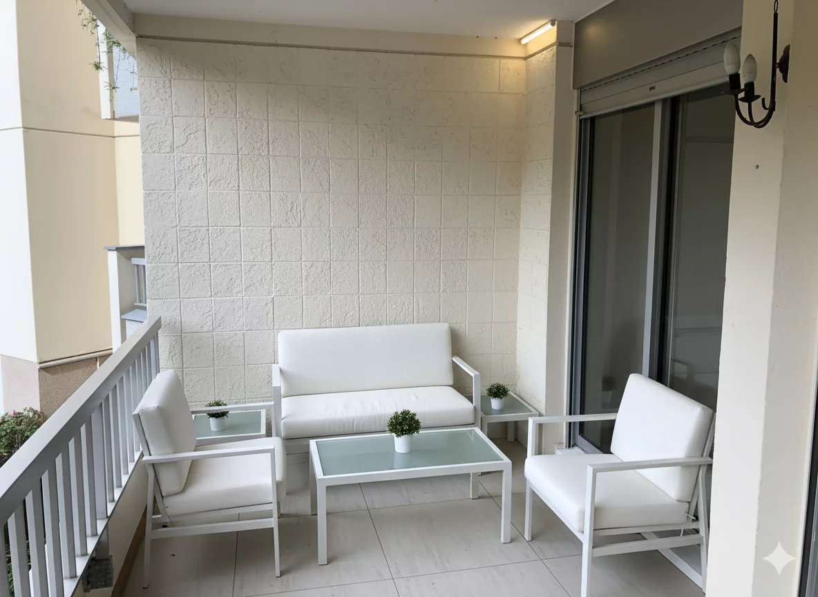 Terrasse d’appartement à Courbevoie Terrasse d'un appartement à Courbevoie avec mobilier blanc et plantes.