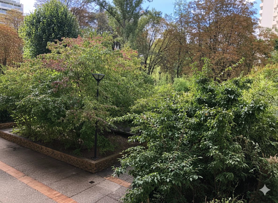 Cour arborée à Courbevoie Vue de la cour arborée d'une résidence à Courbevoie, avec des arbres et des espaces verts.