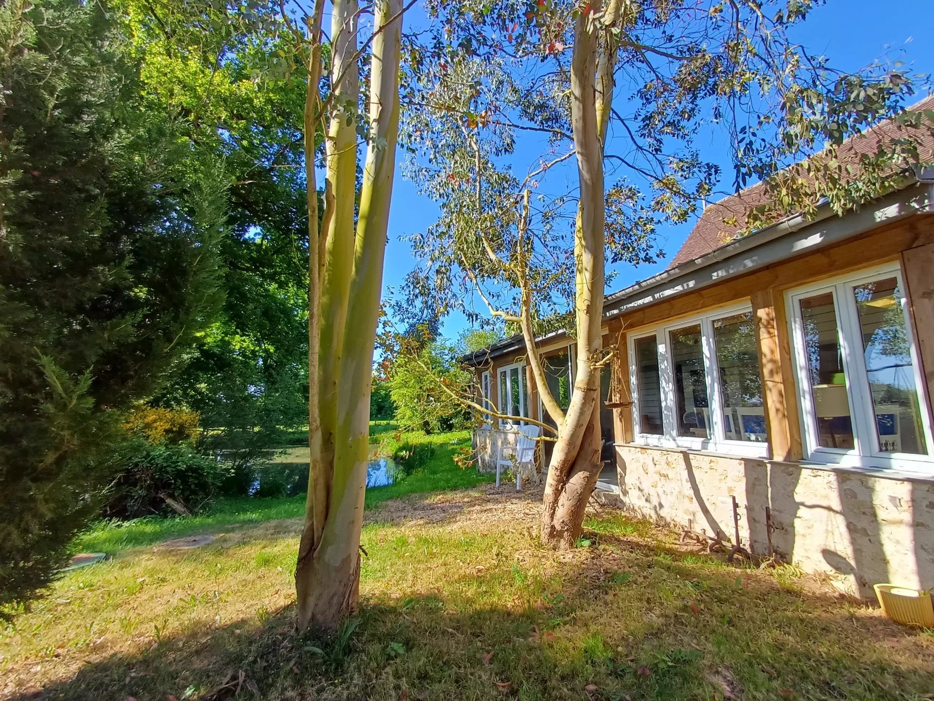 Vue d'un ensemble immobilier avec des arbres et un plan d'eau dans le Parc Naturel Régional du Perche.