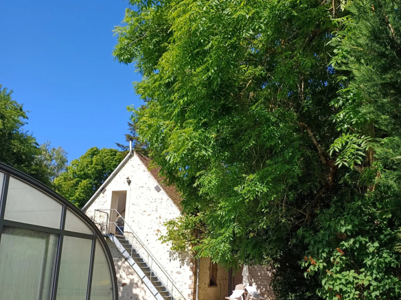 Bâtiment en pierre avec un escalier, entouré d'arbres dans un parc naturel.