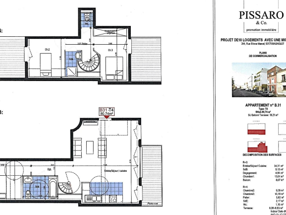 Plan d'un grand duplex de 4 pièces avec terrasses dans une résidence à Montreuil.
