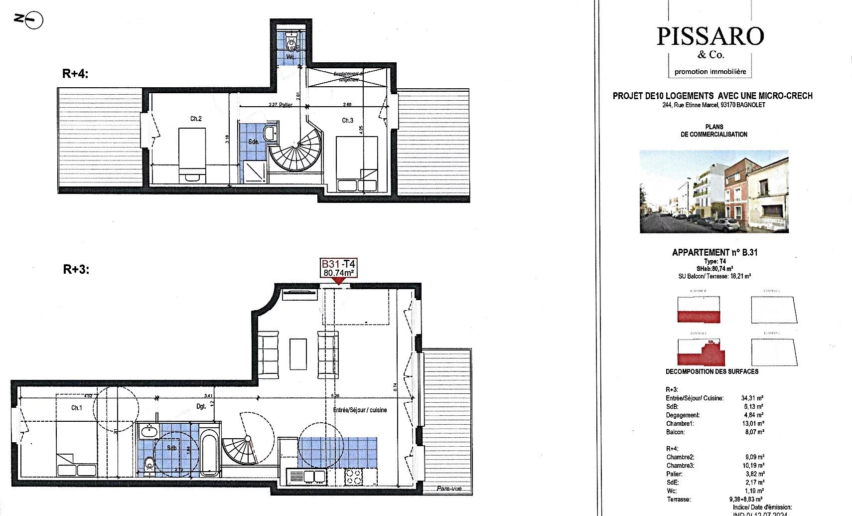 Plan duplex 4 pièces Montreuil Plan d'un grand duplex de 4 pièces avec terrasses dans une résidence à Montreuil.