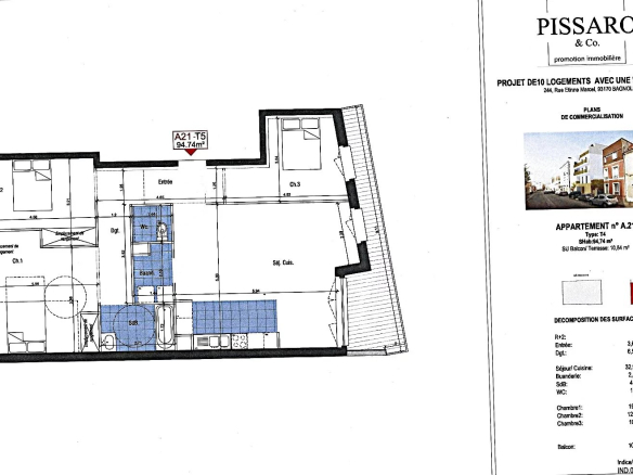 Floor plan of a 4-room apartment with terrace in a luxury residence in Montreuil.