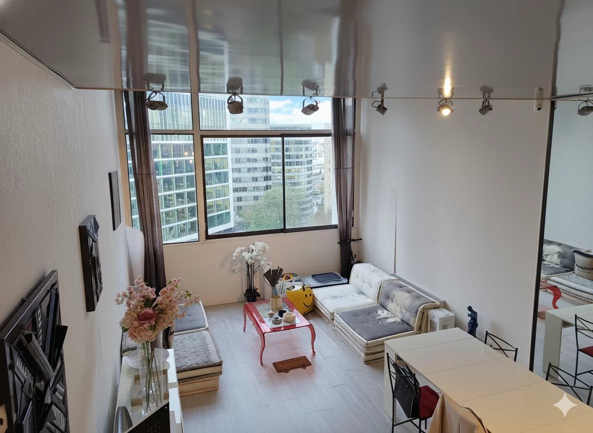 Bright duplex in Courbevoie Bright interior of a 5th floor duplex in Courbevoie, with living room and dining room.