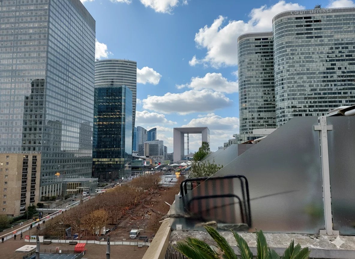 Bright duplex in Courbevoie Unobstructed view from a 5th floor duplex in Courbevoie, showing the Arc de Triomphe and the Grande Arche de La Défense.