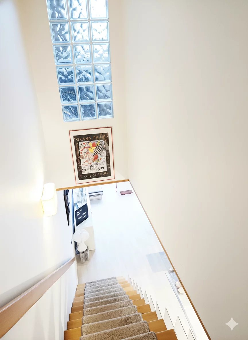 Staircase of the duplex in Courbevoie Staircase leading to a bright duplex with views of Paris and Courbevoie.