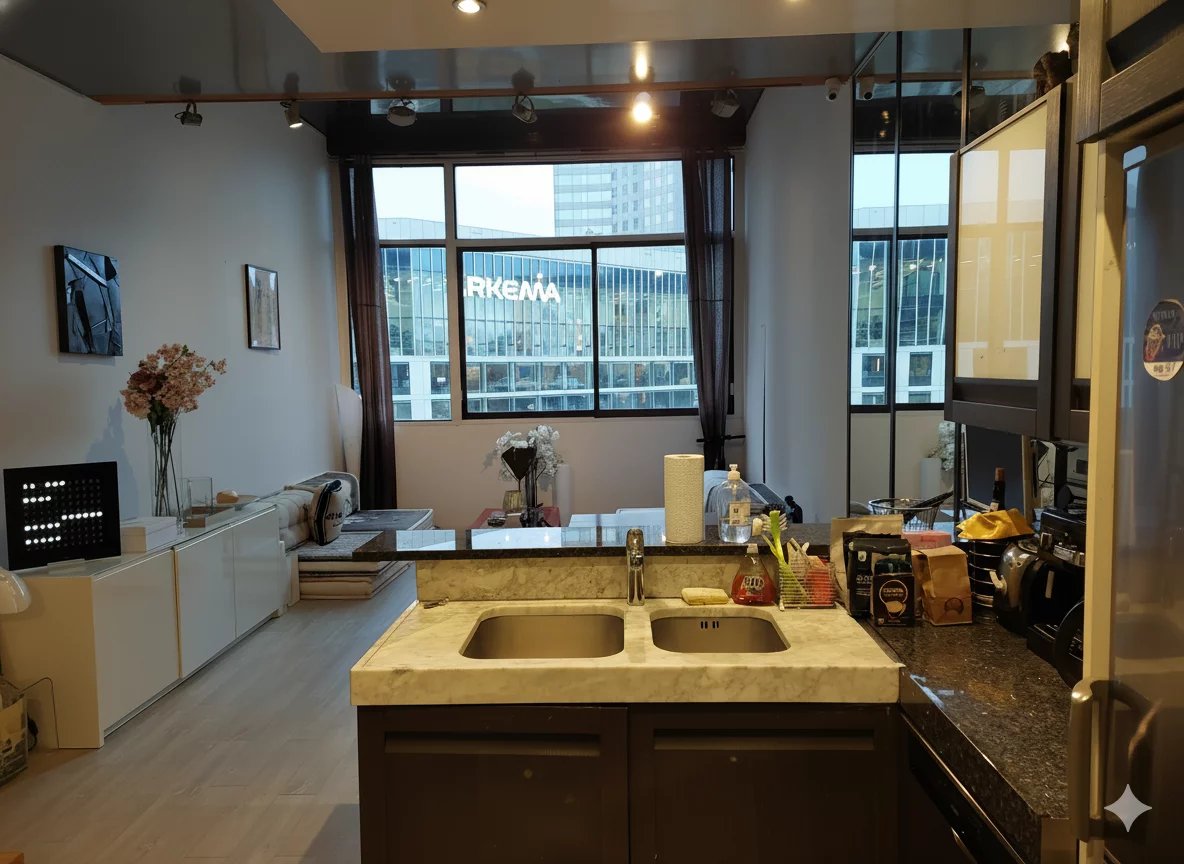 Bright duplex in Courbevoie Interior of a bright duplex with open kitchen and views of modern buildings.