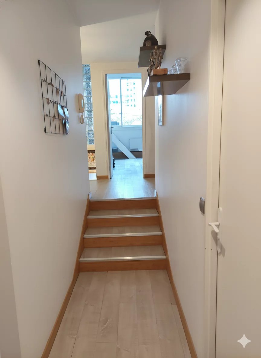Hallway of a duplex in Courbevoie Interior of a duplex in Courbevoie with a hallway and wooden stairs.