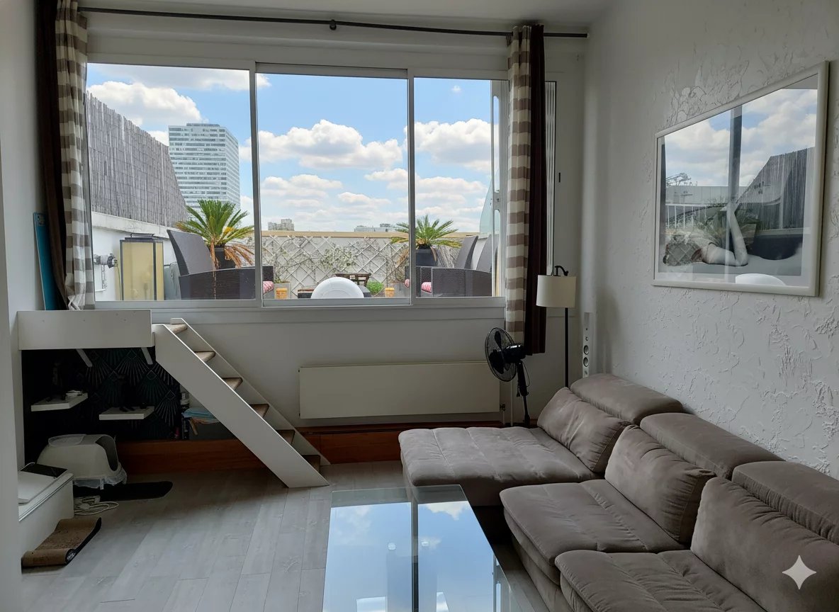 Bright duplex in Courbevoie Interior of a bright duplex with sofa and large window offering a view of modern buildings.
